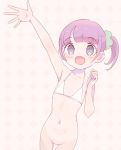  1girl bikini bikini_top blush bottomless collarbone eyebrows_visible_through_hair hand_up highres hyakumangoku_masurao looking_at_viewer navel pretty_(series) pripara purple_eyes purple_hair smile solo string_bikini_top swimsuit white_bikini 