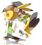  braid brown_hair clothed_pokemon commentary_request cosplay_pikachu creature full_body gen_1_pokemon hatted_pokemon highres no_humans pencil pikachu pikachu_phd pocket pokemon pokemon_(creature) simple_background solo twin_braids white_background 