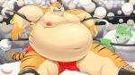  16:9 2016 anthro belly bottomwear bulge canid canine clothing felid fur green_body green_fur group hi_res humanoid_hands iwano kemono male mammal moobs navel nipples obese overweight overweight_male pantherine shirt shorts sitting tiger topwear widescreen wrestling 