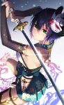  1girl bare_shoulders blurry bridal_gauntlets chromatic_aberration commentary_request depth_of_field floral_print flower_knot fox_mask fujiya_takao green_eyes hair_between_eyes highres hip_vent holding holding_sword holding_weapon japanese_clothes jewelry katana kusunoki_suzu leg_belt looking_at_viewer mask mask_on_head miniskirt original pleated_skirt purple_hair revision short_hair skirt sleeveless solo sword tassel weapon 
