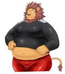  2016 anthro balls_outline belly bodily_fluids bottomwear bulge clothing felid genital_outline humanoid_hands iwano kemono lion male mammal navel overweight overweight_male pantherine pants penis_outline shirt simple_background solo sweat topwear white_background 