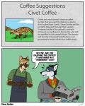  4:5 anthro beverage canid canine canis civet coffee comic english_text flat_colors group hi_res humor male mammal nisharu speech_bubble text viverrid wolf 