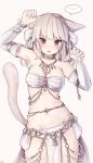  1girl animal_ears arm_up armpits bandeau bangs belly_chain blush breasts cat_ears cat_tail choker cleavage dancer_(final_fantasy) detached_sleeves eyebrows_visible_through_hair facial_mark final_fantasy final_fantasy_xiv highres jewelry long_hair looking_at_viewer medium_breasts miqo&#039;te navel necklace open_mouth pelvic_curtain red_eyes rot_lapin solo spoken_blush tail whisker_markings white_background white_hair 
