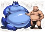  2013 anthro belly blue_body clothing dragon duo eyes_closed humanoid_hands iwano kemono loincloth male mammal navel obese overweight overweight_male sitting suid suina sus_(pig) wild_boar 