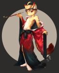  anthro barefoot blonde_hair clothed clothing eyewear felid fur goggles goggles_on_head hair hi_res male mammal nipples off_shoulder pantherine robe short_hair smoking_pipe solo standing yellow_body yellow_fur young zong_wumi 