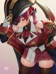  1girl bangs bare_shoulders blush breasts coat epaulettes eyepatch hat highres hololive houshou_marine large_breasts leaning_forward long_hair long_sleeves looking_at_viewer oekakizuki off_shoulder open_clothes open_coat pirate pirate_hat red_eyes smile solo thighhighs thighs virtual_youtuber 