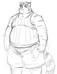  2016 anthro bottomwear clothing felid humanoid_hands iwano kemono male mammal monochrome morenatsu obese overweight overweight_male pantherine shirt shorts simple_background solo tiger topwear torahiko_(morenatsu) video_games visual_novel white_background 