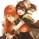  1boy 1girl aym_(ash3ash3ash) breastplate brother_and_sister brown_eyes brown_hair closed_mouth delthea_(fire_emblem) fang fire_emblem fire_emblem_echoes:_shadows_of_valentia highres long_hair low_ponytail luthier_(fire_emblem) open_mouth orange_hair ponytail siblings simple_background smile upper_body white_background 