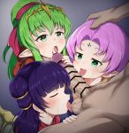  1boy 3girls absurdres closed_eyes facial_mark fae_(fire_emblem) fellatio fire_emblem fire_emblem:_mystery_of_the_emblem fire_emblem:_the_binding_blade fire_emblem:_the_sacred_stones forehead_mark green_eyes green_hair heart heart-shaped_pupils highres kiidautoisa long_hair multi-tied_hair multiple_girls myrrh_(fire_emblem) open_mouth oral penis pointy_ears ponytail purple_hair short_hair simple_background symbol-shaped_pupils tiara tiki_(fire_emblem) tongue tongue_out twintails 
