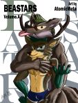  absurd_res beastars beastars_cover beastars_fan_cover canid canine canis cervid cervine chest_tuft clothing coyote durham fluffy green_hair hair hand_on_hip hi_res hug hugging_from_behind legoshi looking_at_viewer louis mammal manga_cover mostly_nude polymer polymer_metayote reach_around scar tongue tongue_out tuft underwear zonesystem 