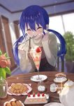  1girl black_dress blue_hair blurry blurry_background blush bread breasts closed_eyes closed_mouth commentary cookie cream cream_on_face cup dress eating eyebrows_visible_through_hair flower food food_on_face fork fruit hair_between_eyes hand_on_own_face indoors koisuru_asteroid long_hair long_sleeves manaka_ao medium_breasts mon0351 parfait plate rose sleeves_past_wrists smile solo spaghetti_strap sparkle spoon strawberry strawberry_shortcake sugar_cube sunlight sweets table teacup teapot turtleneck twintails vase window 