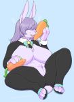  anthro big_breasts bodily_fluids bow breasts carrot clothing female food footwear fur genitals hair hair_over_eyes huge_breasts iriedono lagomorph leporid long_hair mammal natural_breasts nude pasties plant pubes purple_body purple_fur purple_hair pussy rabbit reverse_bunny_costume saliva sandals solo spread_legs spreading tongue vegetable 
