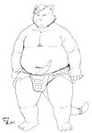  2012 anthro balls barely_visible_balls barely_visible_genitalia belly felid feline genitals humanoid_hands iwano japanese_text kemono male mammal monochrome navel overweight overweight_male simple_background solo text white_background 