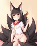  1girl absurdres animal_ear_fluff animal_ears azur_lane bangs black_hair blush bottomless breasts brown_background brown_eyes closed_mouth commentary_request eyebrows_visible_through_hair fire flower fox_ears groin hair_flower hair_ornament hand_up highres kyuubi long_hair multiple_tails nagato-chan nagato_(azur_lane) navel necktie nose_blush pink_flower red_sailor_collar sailor_collar school_uniform serafuku shirt short_sleeves small_breasts solo tail tail_censor v-shaped_eyebrows very_long_hair white_shirt yellow_eyes yellow_neckwear 