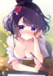  1girl arm_support bangs black_hair black_skirt blurry blurry_background blush breasts cleavage collarbone commentary_request depth_of_field eyebrows_visible_through_hair fate/grand_order fate_(series) grey_shirt hair_ornament hand_up head_in_hand highres holding katsushika_hokusai_(fate/grand_order) ko_yu large_breasts off_shoulder purple_eyes shirt short_sleeves skirt solo wide_sleeves 