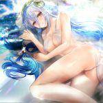  1girl alternate_costume aqua_hair ass azura_(fire_emblem) bare_legs bikini blush breasts cleavage commentary eyebrows_visible_through_hair eyelashes fire_emblem fire_emblem_fates flower hair_between_eyes highres light_rays long_hair looking_at_viewer lying medium_breasts navel on_side open_mouth petals see-through solo swimsuit tongari underboob veil yellow_eyes 