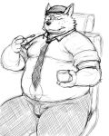  2016 anthro belly bodily_fluids bottomwear canid canine canis clothing domestic_dog eating food humanoid_hands iwano kemono male mammal monochrome necktie overweight overweight_male pants shirt sitting solo sweat topwear 