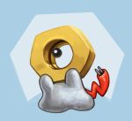  blue_background commentary creature english_commentary fatmanass full_body gen_7_pokemon meltan mythical_pokemon no_humans pokemon pokemon_(creature) simple_background solo standing 