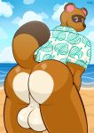  absurd_res animal_crossing anthro backsack balls beach big_balls big_butt blue_eyes butt canid canine clothing genitals hi_res layndon male mammal nintendo presenting raccoon_dog seaside slightly_chubby solo tanuki tom_nook_(animal_crossing) video_games 