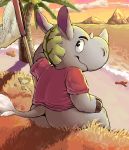  animal_crossing anthozoan anthro beach bottomless butt butterfly_net clothed clothing cnidarian coral detailed_background horn looking_at_viewer looking_back male mammal marine nintendo rhinocerotoid seaside solo sunset tank_(animal_crossing) video_games zi_ran 