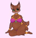  absurd_res anklet anthro belly big_belly big_breasts bra bracelet breasts brown_body brown_fur clothed clothing collar digital_media_(artwork) domestic_cat felid feline felis female fur gem green_eyes hi_res jewelry katta looking_at_viewer mammal navel pregnant quest_for_glory shema simple_background sitting smile solo underwear yasuokakitsune 