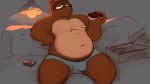  16:9 2020 animal_crossing anthro belly bruppyboo bulge canid canine clothing doughnut eating food hi_res male mammal moobs nintendo nipples overweight overweight_male raccoon_dog sitting solo tanuki tom_nook_(animal_crossing) underwear video_games widescreen 