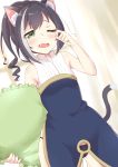  1girl absurdres animal_ear_fluff animal_ears ass_visible_through_thighs bare_arms bare_shoulders black_hair black_panties blurry blurry_background blush cat_ears commentary_request curtains day depth_of_field dutch_angle fang frilled_pillow frills hand_up highres holding holding_pillow indoors kyaru_(princess_connect) long_hair multicolored_hair one_eye_closed open_mouth panties pillow ponytail princess_connect! princess_connect!_re:dive ringlets rubbing_eyes ryuki_(ryukisukune) shirt signature sleeveless sleeveless_shirt solo standing streaked_hair sunlight tears underwear waking_up wardrobe_error white_hair white_shirt window 