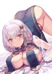  1girl azur_lane bangs between_breasts blush braid breast_curtains breasts china_dress chinese_clothes cleavage commentary_request covered_nipples dress flower gloves hair_between_eyes hair_flower hair_ornament huge_breasts looking_at_viewer parted_lips red_eyes revealing_clothes short_hair sirius_(azur_lane) sirius_(azure_horizons)_(azur_lane) smile solo top-down_bottom-up white_gloves white_hair yoshimoto_(dear_life) 