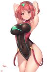  1girl absurdres armpits arms_behind_head bangs blush breasts closed_mouth covered_navel emerald_(gemstone) eyebrows_visible_through_hair gem highres homura_(xenoblade_2) large_breasts mukatsukulsp one-piece_swimsuit red_eyes red_hair short_hair simple_background solo swept_bangs swimsuit thighs white_background xenoblade_(series) xenoblade_2 
