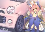  1girl animal_ear_fluff animal_ears blue_kimono blue_legwear blue_ribbon blush breasts cleavage commentary commentary_request double_v eyebrows_visible_through_hair fang fate/extella fate/extra fate/grand_order fate_(series) fox_ears fox_girl fox_tail hair_ribbon japanese_clothes kimono large_breasts looking_at_viewer open_mouth pink_hair red_eyes ribbon skin_fang solo tail tamamo_(fate)_(all) tamamo_no_mae_(fate) v vehicle wisespeak yellow_eyes 