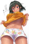  1girl :o breasts cowboy_shot floral_print from_below green_hair groin idolmaster idolmaster_cinderella_girls large_breasts looking_at_viewer midriff mio_(mgr300) natalia_(idolmaster) navel open_mouth orange_shirt purple_eyes shirt shirt_lift short_hair short_shorts shorts sidelocks simple_background solo translation_request white_background white_shorts 