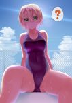  1girl ? blonde_hair blue_sky breasts chain-link_fence cloud collarbone commentary_request covered_navel day fence green_eyes highres looking_at_viewer medium_breasts original outdoors purple_swimsuit shiro_maru sitting sky solo spoken_question_mark swimsuit wet wet_clothes wet_swimsuit 