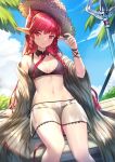  1girl arknights arm_support bare_legs bikini black_bikini blue_sky braid breasts brown_headwear cleavage collarbone day demon_girl demon_horns detached_collar feet_out_of_frame hat highres horns leaning_back long_hair long_sleeves medium_breasts miniskirt navel necktie off_shoulder outdoors palm_tree pointy_ears polearm red_eyes red_hair red_neckwear rubellent see-through sitting skirt sky solo spear stomach straight_hair straw_hat swimsuit tree twin_braids very_long_hair vigna_(arknights) weapon wide_sleeves 