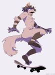  5_fingers anthro canid canine cel_shading digital_media_(artwork) fingers fur hair male mammal midair murkbone nude open_mouth pawpads paws simple_background skateboard solo teeth tongue 