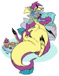  3_toes 4_fingers anthro belly big_belly claws cupcake digital_media_(artwork) dragon eating fingers food fur furred_dragon haifisch_ehrlich hi_res lying membrane_(anatomy) membranous_wings on_back open_mouth pie pillow simple_background solo teeth toes tongue tongue_out wings 
