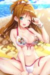  1girl ;3 ;d aqua_eyes bare_shoulders beach beach_mat bikini bomberman bow bracelet breasts brown_hair cleavage collarbone day front-tie_bikini front-tie_top hair_bow halter_top halterneck hand_up hino_akane_(idolmaster) idolmaster idolmaster_cinderella_girls jewelry large_breasts long_hair looking_at_viewer mio_(mgr300) navel ocean one_eye_closed open_mouth outdoors side-tie_bikini sitting smile solo stomach sunlight swimsuit thighs water wavy_hair wet white_bikini 