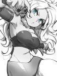  1girl android_21 armpits black_nails blue_eyes breasts cleavage detached_sleeves dragon_ball dragon_ball_fighterz earrings greyscale hoop_earrings jewelry kemachiku long_hair looking_at_viewer majin_android_21 medium_breasts midriff monochrome nail_polish navel simple_background solo white_background 