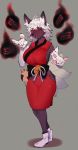  anthro bell big_breasts black_nose breasts canid canine canis clothed clothing curvy_figure dress female fluffy fluffy_tail footwear fox fur hair hi_res huge_breasts kemono looking_at_viewer mammal multi_tail pawpads red_eyes ribbons rtr shoes side_boob simple_background smile snout solo white_body white_fur white_hair 