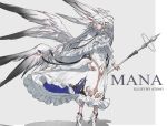  1girl absurdres angel angel_wings artist_name black_ribbon chocolate_(jitong) dress grey_background hair_ornament halo high_heels highres holding holding_weapon long_sleeves original ribbon silver_eyes simple_background solo standing weapon white_dress white_footwear white_hair white_wings wings 