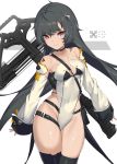  1girl :3 banned_artist bare_shoulders black_hair black_legwear bow_(weapon) breasts brown_eyes choker collarbone covered_navel cowboy_shot crossbow detached_sleeves fang groin hair_ornament highres ikomochi leotard long_hair long_sleeves looking_at_viewer medium_breasts original smile solo standing strap thigh_strap thighhighs thighs v-shaped_eyebrows very_long_hair weapon weapon_on_back white_leotard 