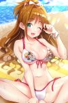  1girl ;3 ;d aqua_eyes bare_shoulders beach bikini bomberman bracelet breasts brown_hair cleavage day front-tie_bikini front-tie_top hand_up hino_akane_(idolmaster) idolmaster idolmaster_cinderella_girls jewelry large_breasts long_hair looking_at_viewer mio_(mgr300) navel ocean one_eye_closed open_mouth outdoors side-tie_bikini sitting smile solo stomach sunlight swimsuit thighs water white_bikini 
