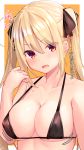  1girl bangs bare_shoulders black_ribbon blonde_hair blonde_hair-chan_(ramchi) blush breasts brown_eyes cleavage collarbone commentary_request covered_nipples eyebrows_visible_through_hair fang hair_between_eyes hair_ribbon highres large_breasts long_hair looking_at_viewer open_mouth original ramchi ribbon signature simple_background skin_fang solo swimsuit translation_request white_background yellow_background 