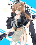  1girl adapted_costume alternate_hair_length alternate_hairstyle black_shirt breasts brown_hair commentary_request cowboy_shot flight_deck garter_straps green_eyes grey_neckwear grey_skirt gun intrepid_(kantai_collection) kantai_collection large_breasts long_hair looking_at_viewer m1903_springfield machinery neck_pillow panties pantyshot ponytail rifle shirt skirt smile solo tachibana_hiroki thighhighs two-tone_background underwear weapon white_background 