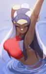  1girl absurdres arm_up armpits arms_behind_head arms_up ass blush breasts closed_eyes dark_skin earrings eyeliner eyeshadow hair_bun highres hoop_earrings jewelry komadera large_breasts makeup multicolored_hair navel pokemon pokemon:_twilight_wings pokemon_(anime) pokemon_(game) pokemon_swsh rurina_(pokemon) signature smile sportswear stretch swimsuit tank_top tankini two-tone_hair water water_drop 