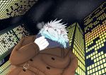  anthro breath brown_clothing building clothed clothing felid fur gow_gow_beast green_eyes hi_res lion low-angle_view male mammal night night_sky outside pantherine pink_inner_ear pink_nose scarf snow_(tas) solo tokyo_afterschool_summoners video_games whiskers white_body white_ears white_fur 