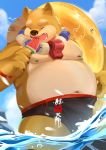  2020 anthro belly canid canine canis clothing domestic_dog eyes_closed hat headgear headwear hi_res jmeo1230 kemono male mammal moobs navel nipples outside overweight overweight_male solo swimwear water wet 