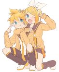  1boy 1girl arm_around_neck bangs black_collar black_shorts blonde_hair blue_eyes bow cardigan collar commentary crop_top fang hair_bow hair_ornament hairclip hands_up headphones highres hug hug_from_behind kagamine_len kagamine_rin kneeling leg_warmers looking_at_viewer m0ti nail_polish neckerchief necktie one_eye_closed open_mouth orange_cardigan sailor_collar school_uniform shirt short_hair short_ponytail short_shorts shorts smile spiked_hair squatting sweater swept_bangs v vocaloid white_bow white_footwear white_shirt yellow_nails yellow_neckwear 