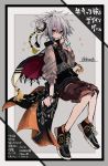  1girl absurdres azsn10 bangs black_footwear brown_shorts cape double_bun expressionless full_body green_eyes grey_background grey_hair highres long_sleeves original shoes short_hair shorts solo star twitter_username 