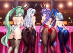  4girls animal_ears ass bare_shoulders bent_over black_heart blue_eyes blue_hair blush braid bunny_ears bunny_tail bunnysuit choujigen_game_neptune eyebrows_visible_through_hair fishnet_legwear fishnets from_behind green_hair green_heart hair_between_eyes light long_hair looking_back multiple_girls neptune_(series) nyamota pantyhose ponytail purple_eyes purple_hair purple_heart red_eyes short_hair_with_long_locks smile symbol-shaped_pupils tail take_your_pick thighhighs twin_braids very_long_hair white_hair white_heart 