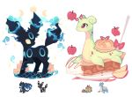  apple appletun charamells charizard commentary creature crescent english_commentary food fruit full_body fusion gen_1_pokemon gen_2_pokemon gen_8_pokemon highres horn lapras mega_charizard_x mega_pokemon multiple_fusions no_humans pokemon pokemon_(creature) simple_background standing umbreon white_background 